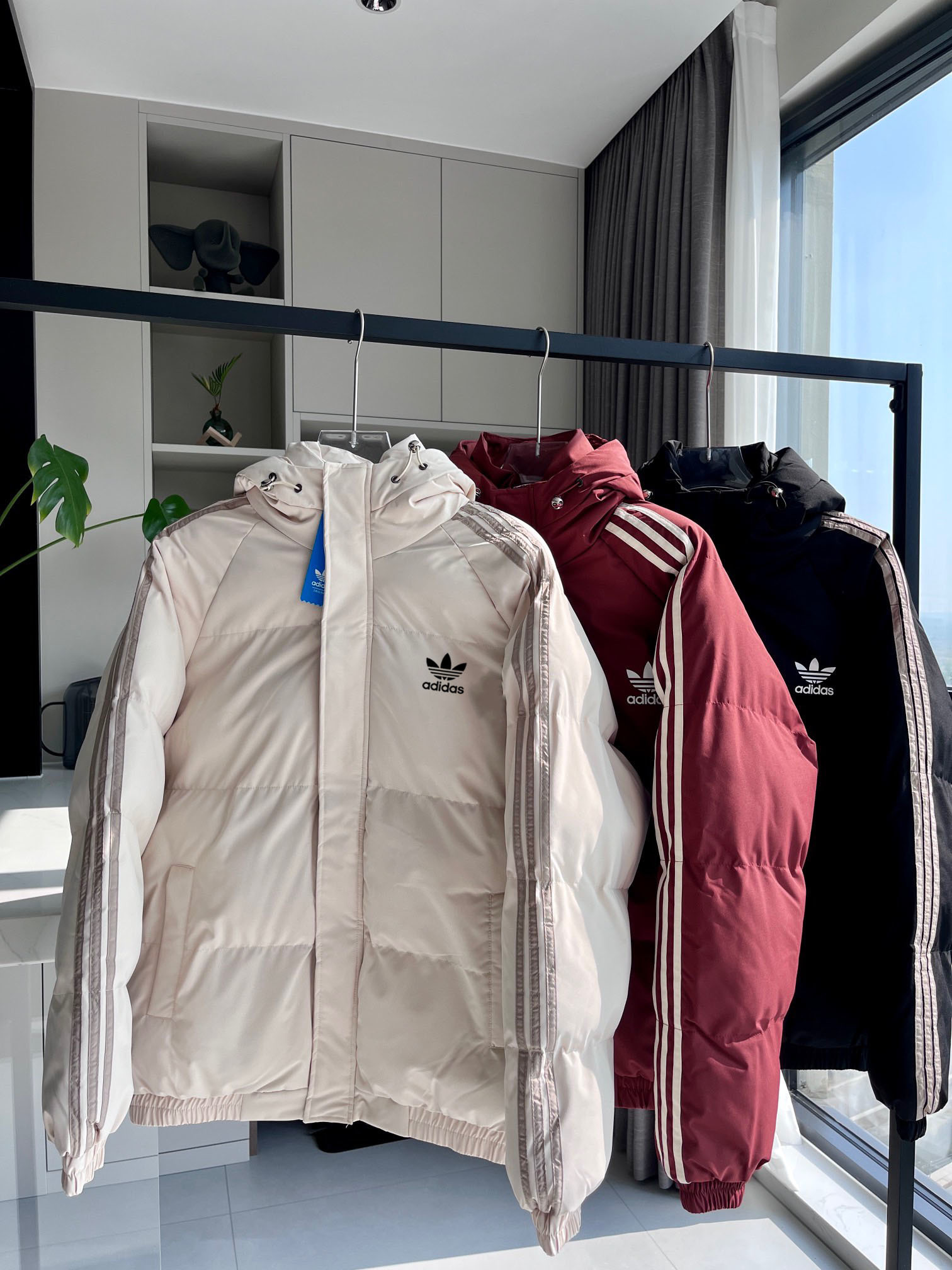 Adidas Striped cotton-padded coat, thickened, warm, hooded cotton-padded jacket