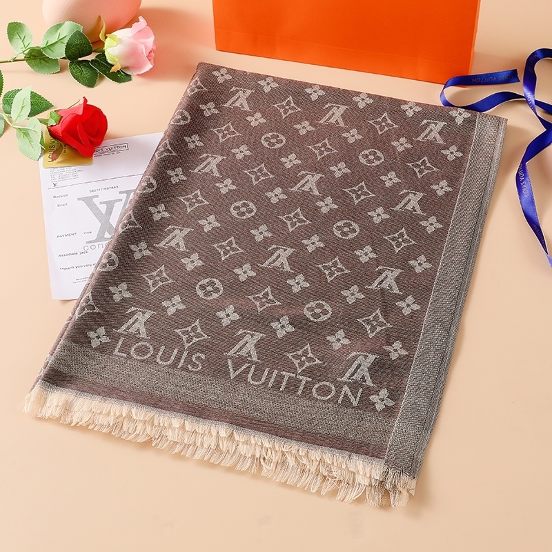 LV new gold silk colored cotton long scarf - Image 5